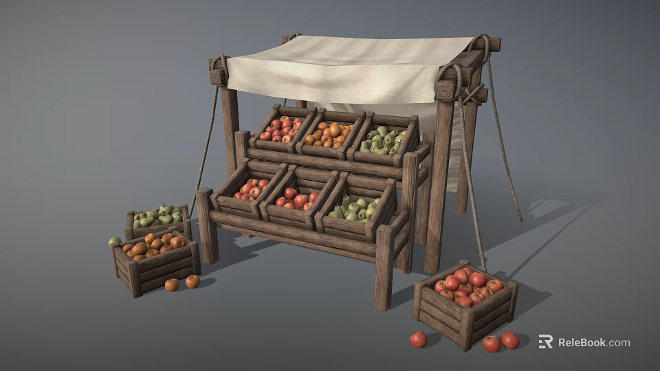 Fresh Assorted Fruits Display on Wooden Market Stall with Canvas Awning and Crates 3d model 