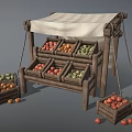 Fresh Assorted Fruits Display on Wooden Market Stall with Canvas Awning and Crates