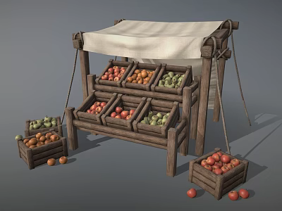 Fresh Assorted Fruits Display on Wooden Market Stall with Canvas Awning and Crates 3d model