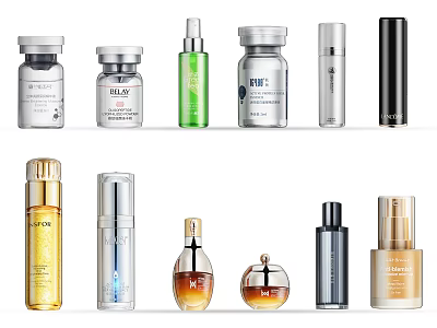 Luxury Perfume and Cosmetics Bottles with Various Skincare Serums and Fragrance Oils 3d model