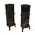 Two Vintage Rusty Cylindrical Kitchenware Cooking Stoves with Legs and Handles 3d model