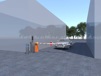 Traffic Sign At Parking Entrance With Red White Striped Barrier And Car 3d model