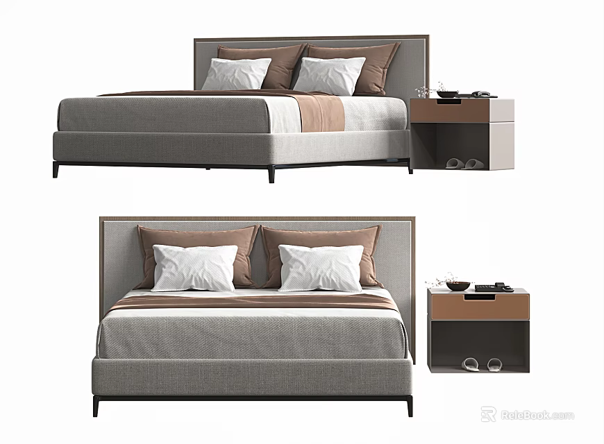 Modern Double Bed With Upholstered Headboard White Brown Pillows And Bedside Table 3d model