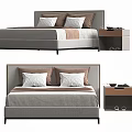 Modern Double Bed With Upholstered Headboard White Brown Pillows And Bedside Table 3d model