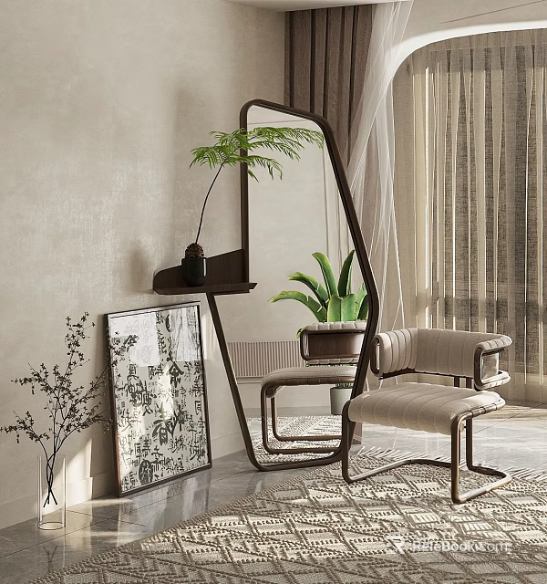 Modern Full Length Mirror In Living Room With Decor 3d model 