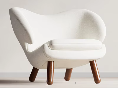 White Upholstered Accent Chair With Modern Curved Design And Brown Wooden Legs 3d model