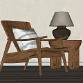 Wooden Lounge Chair with White Cushion and Side Table Brown Base Light Shade Lamp
