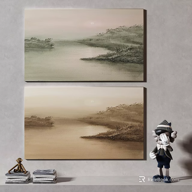 Serene Lake And Mountain Landscape Paintings With Decorative Doll On Wall 3d model 