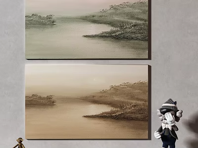 Serene Lake And Mountain Landscape Paintings With Decorative Doll On Wall 3d model