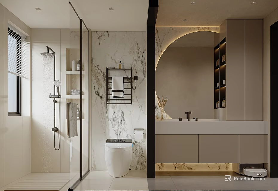 Modern Bathroom With Marble Wall Round Mirror Vanity And Cabinets 3d model 