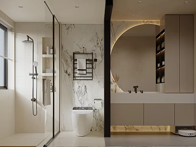 Modern Bathroom With Marble Wall Round Mirror Vanity And Cabinets 3d model