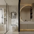 Modern Bathroom With Marble Wall Round Mirror Vanity And Cabinets