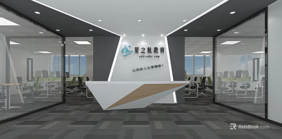 Front Desk Reception Area In Modern Office With Geometric Design Glass Partitions And Company Logo 3d model 