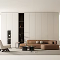 Modern Minimalist Living Room Interior Design With Beige Storage Cabinets Brown Sofa And White Armchair