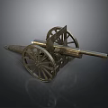 Ancient Military Cannon Weapon with Metal Barrel and Wooden Spoked Wheels