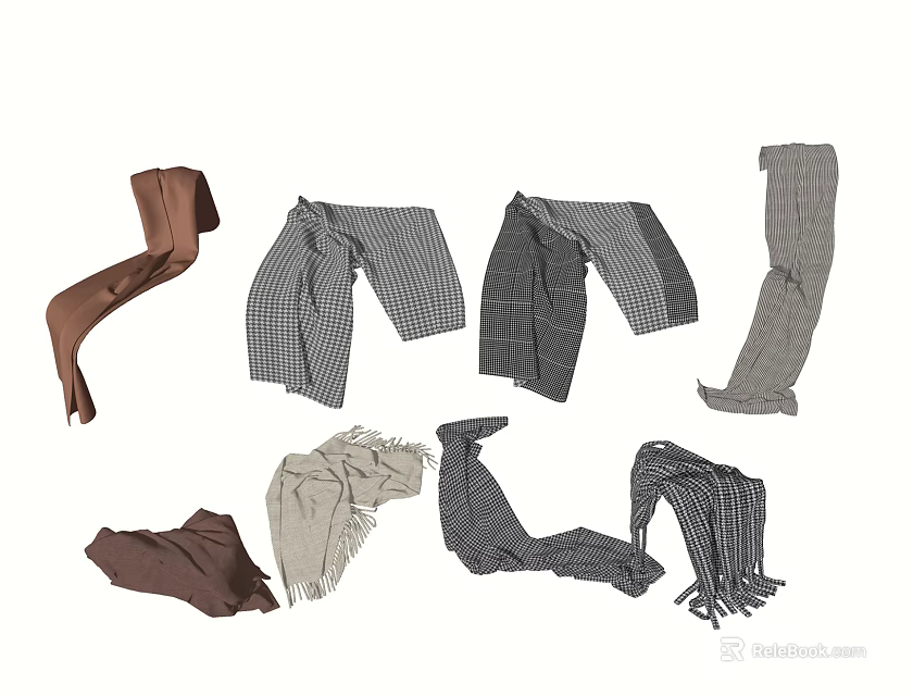 Various Stylish Scarves With Brown Check Gray And Striped Patterns 3d model 