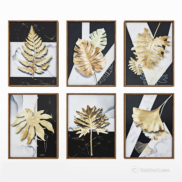 Gold Leaf Decorative Wall Art Paintings With Black Frames And Marble 3d model