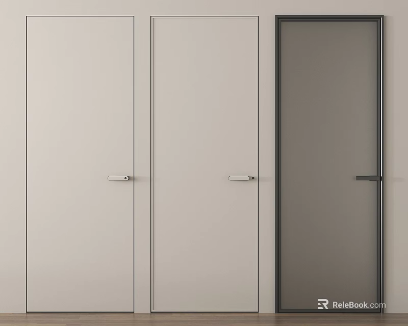 Modern Light Colored Hinged Doors With Dark Frame Frosted Glass Design 3d model 