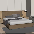 Modern Double Bed Bedroom Interior with Beige Headboard Gray Rug and Spherical Wall Lamps