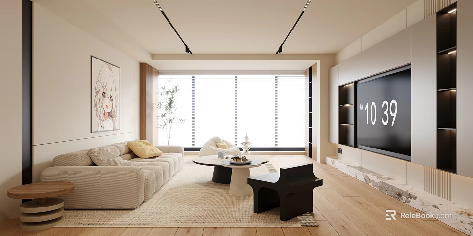 Modern Living Room With Beige Sofa Floor to Ceiling Windows and TV Wall 3d model 