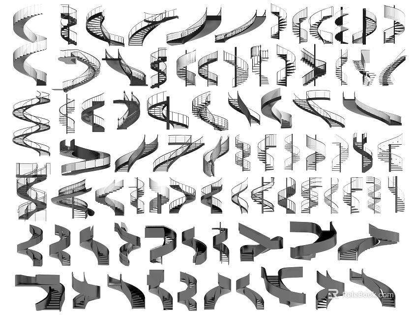 Spiral Stairs Design Sketches Featuring Various Architectural Styles And Structural Concepts 3d model