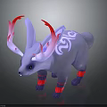 Mystical Fantasy Creature With Gray Body Red White Horns White Patterns And Red Leg Bands