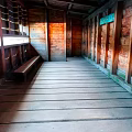 Cartoon Scene Of Wooden Corridor With Bench And Warm Light