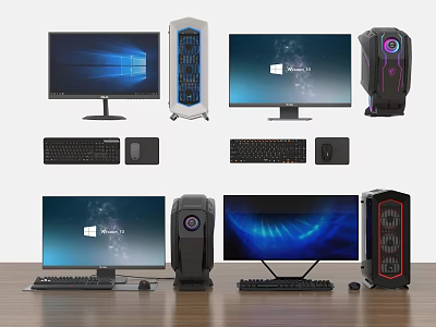 Modern Desktop Computer Setup With Multiple Monitors PC Towers Keyboards And Mice 3d model