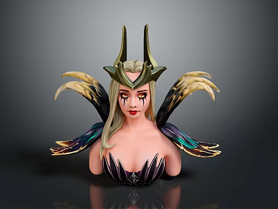 Fantasy Woman Sculpture With Blonde Hair Green Gold Horned Headdress Dramatic Makeup And Colorful Wings 3d model