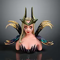 Fantasy Woman Sculpture With Blonde Hair Green Gold Horned Headdress Dramatic Makeup And Colorful Wings