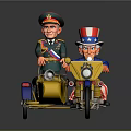 Cartoon Characters On Yellow Tricycle Motorcycle With Military Uniform And American Flag Hat