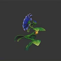 Vibrant Blue Flower Plant With Layered Purple Center and Green Shiny Leaves Against Dark Background