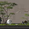 Floral Art Installation Featuring Green Trees Moon Shaped Ball Stones Moss And Wall