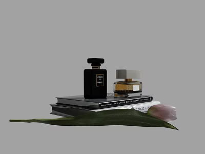 Decorative Ornament Set With Perfume Bottles Books Tulip And Green Leaf 3d model