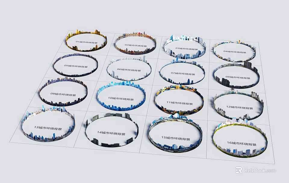 Various Circular City Skyline Models Arranged in Grid Pattern Design 3d model 