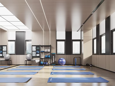 Fitness Studio with Neatly Arranged Blue Yoga Mats Exercise Balls Dumbbells Wooden Floors Good Lighting 3d model
