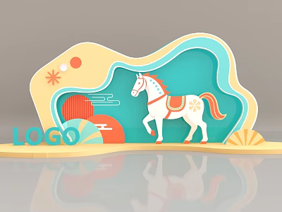 Vibrant Photo Check in Spot with White Horse Decorative Sun Cloud Patterns and LOGO 3d model