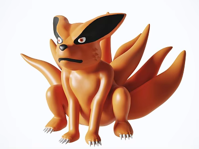 Orange Nine Tailed Fox Plush Doll With Black Ears Serious Expression And White Claw Tips 3d model