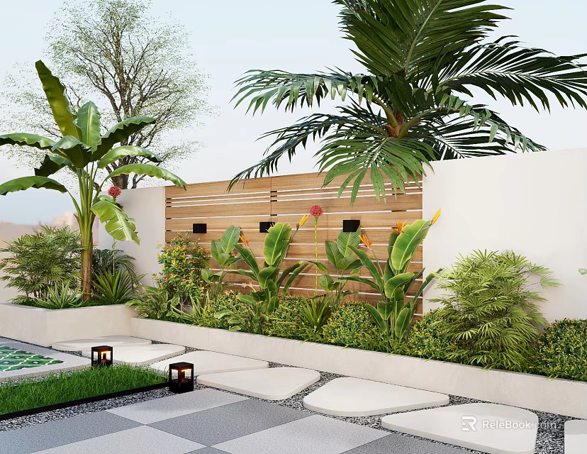 Garden Stepping Stones Path With Green Plants Palm Trees And Wooden Fence 3d model 