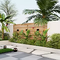 Garden Stepping Stones Path With Green Plants Palm Trees And Wooden Fence