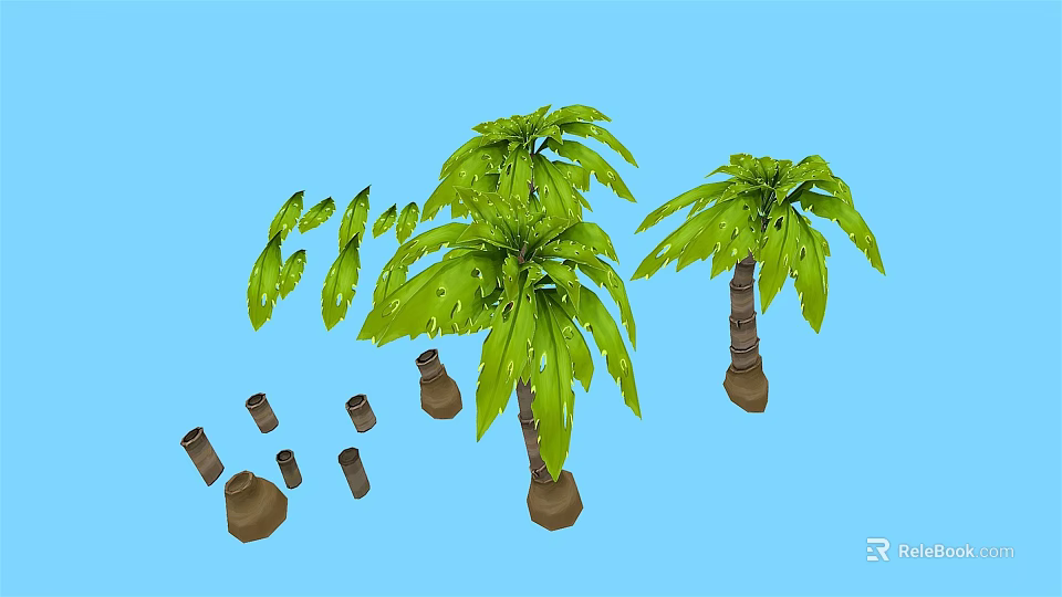 Cartoon Scene With Green Palm Trees Blue Background And Scattered Brown Parts 3d model 