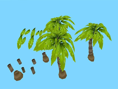 Cartoon Scene With Green Palm Trees Blue Background And Scattered Brown Parts 3d model