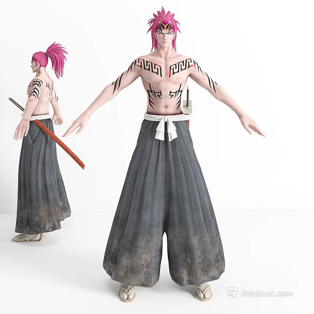 Game Movie Character With Pink Hair Tattoos Baggy Pants And Sword On Back 3d model 