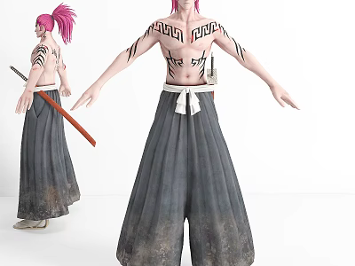 Game Movie Character With Pink Hair Tattoos Baggy Pants And Sword On Back 3d model