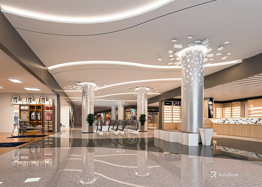 Modern Shopping Mall Lobby With Curved Ceiling Light Strips Decorative Pillars And Smooth Marble Floor 3d model 