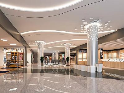 Modern Shopping Mall Lobby With Curved Ceiling Light Strips Decorative Pillars And Smooth Marble Floor 3d model