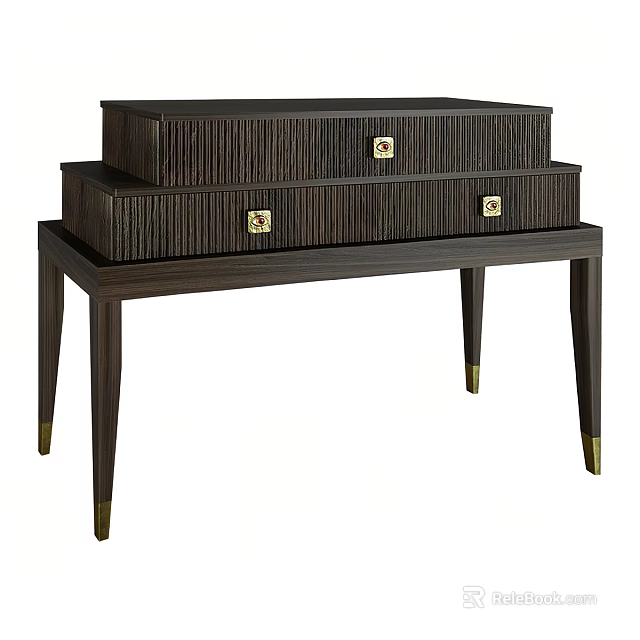 Elegant Dark Wood Console Cabinet With Stacked Drawers And Gold Accents 3d model 
