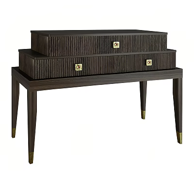 Elegant Dark Wood Console Cabinet With Stacked Drawers And Gold Accents 3d model