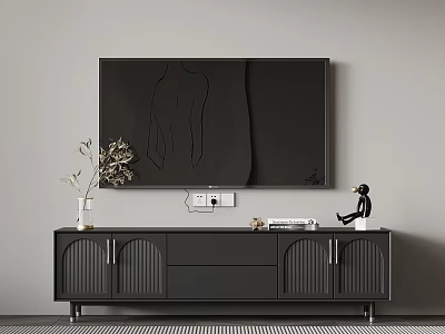 Modern Dark TV Stand With Vase Plant Statue And Books Under Wall TV 3d model
