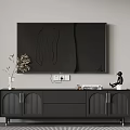 Modern Dark TV Stand With Vase Plant Statue And Books Under Wall TV